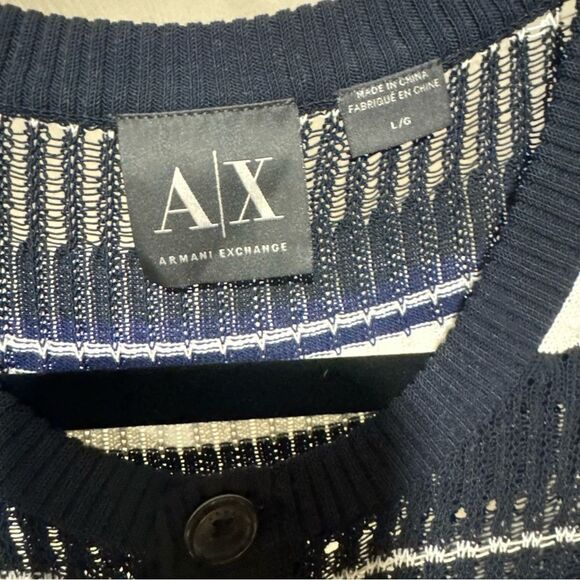 Armani Exchange Vintage Navy and White Open Weave Knit Striped Sweater - Picture 6 of 6